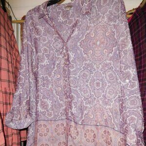 3X COMO VINTAGE WOMAN SHARK BITE PINK PAISLEY PRINT BLOUSE ADJ TAB SLEEVES